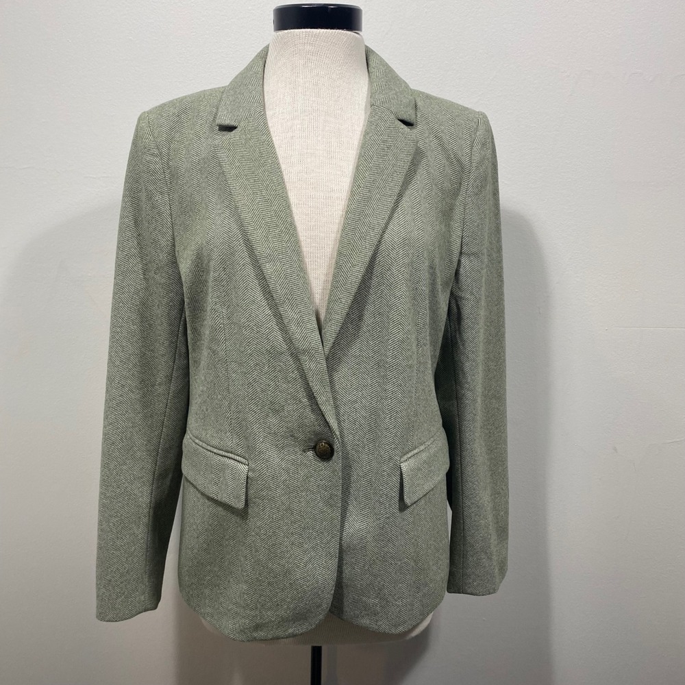 Loft Women's 10 Herringbone Blazer Sage Green Elbow Patches Single Button Career